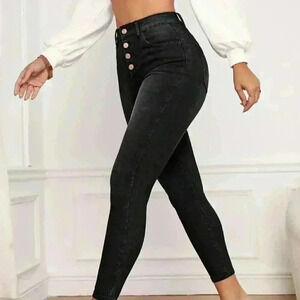 Black Casual Womens Button Fly Bleach Wash Skinny Jeans